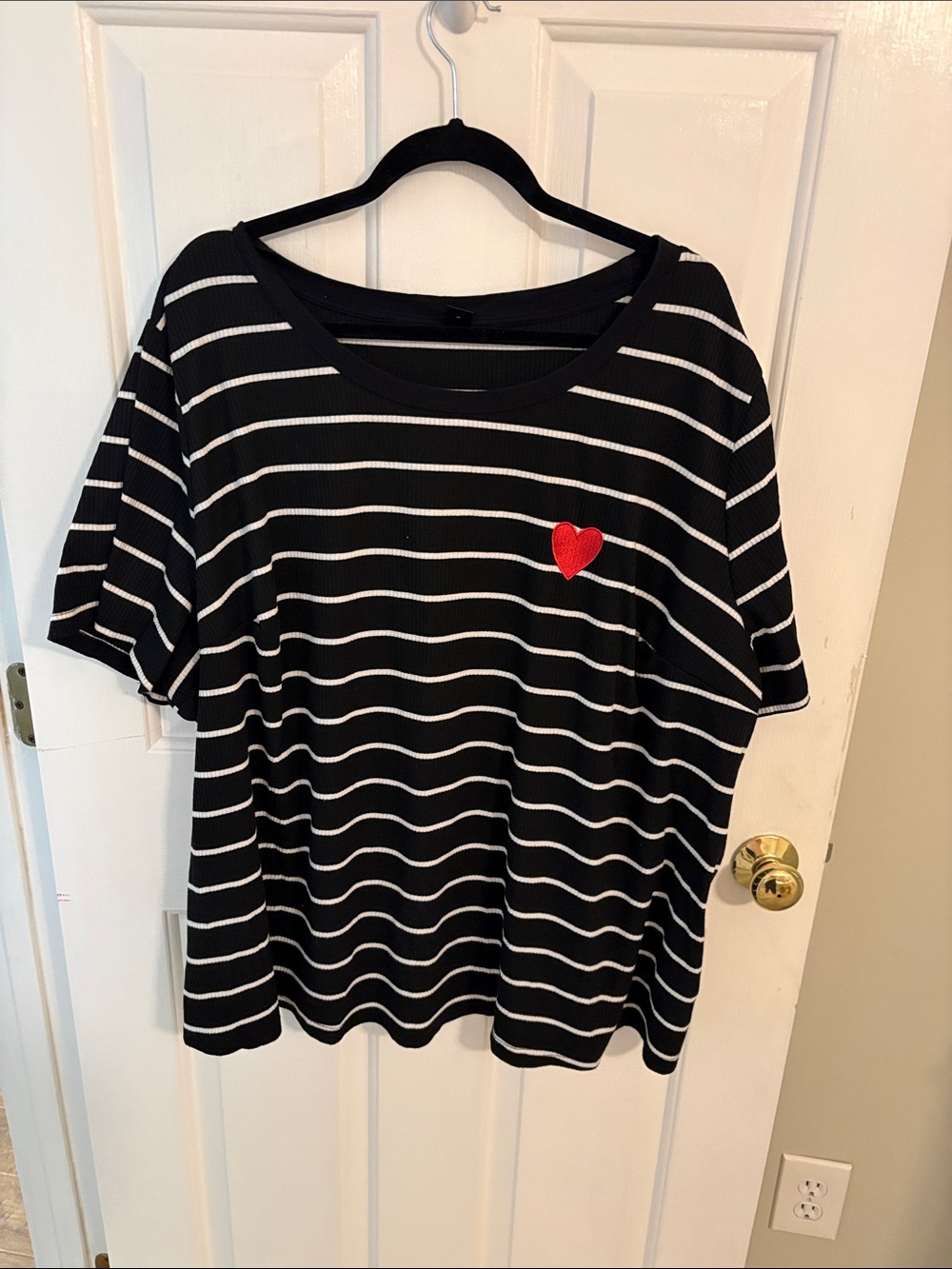 SHEIN Black & White Striped Short Sleeve Tee with Red Heart Patch